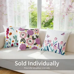 Cute Floral Embroidered Pillow Cover, Small Fresh Plant Design, Sofa Cushion Case for Living Room, No Filler Included