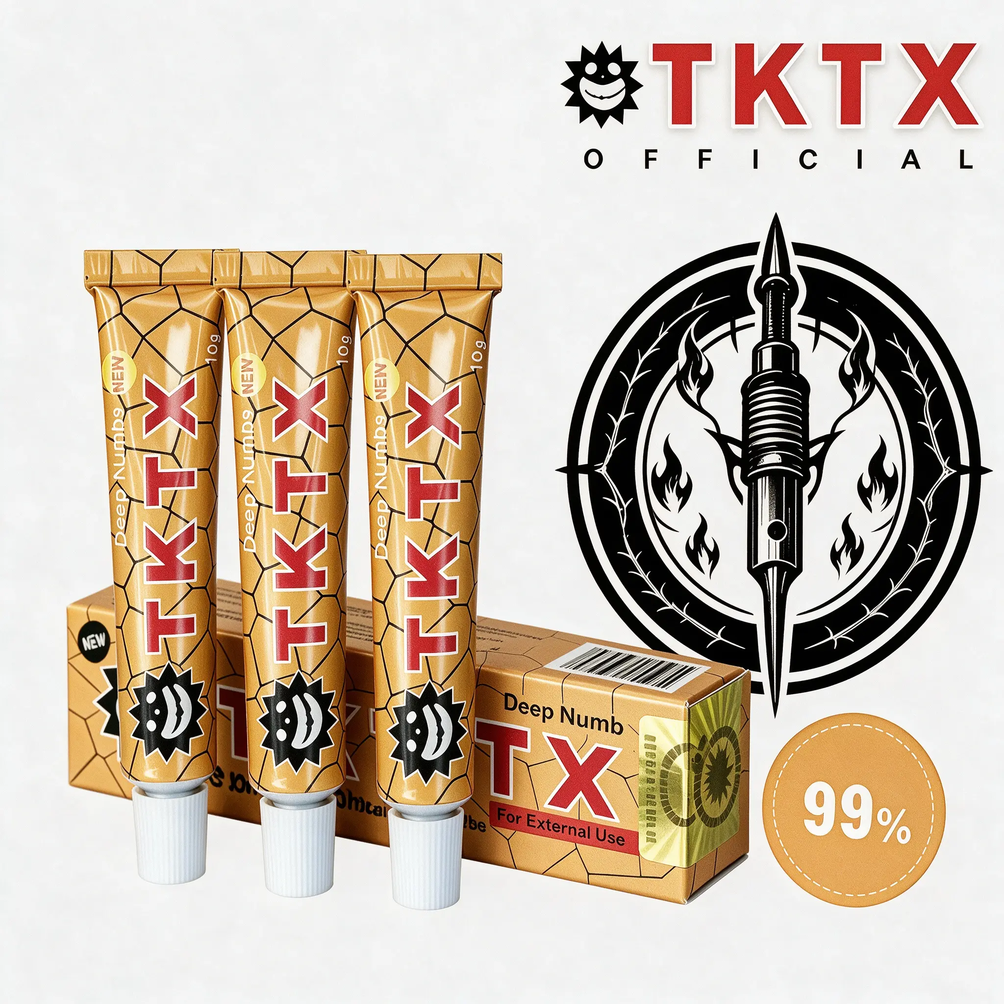 TKTX Gold 99% Maximum Strength Tattoo Numbing Cream (3 Pack) - 6-8 Hours Long Lasting Painless Topical Anesthetic, Professional Tattoo Procedure Aid for Tattoos, Body Piercing, Waxing, Microblading | Premium Tattoo Care Enhanced Formula Numbness