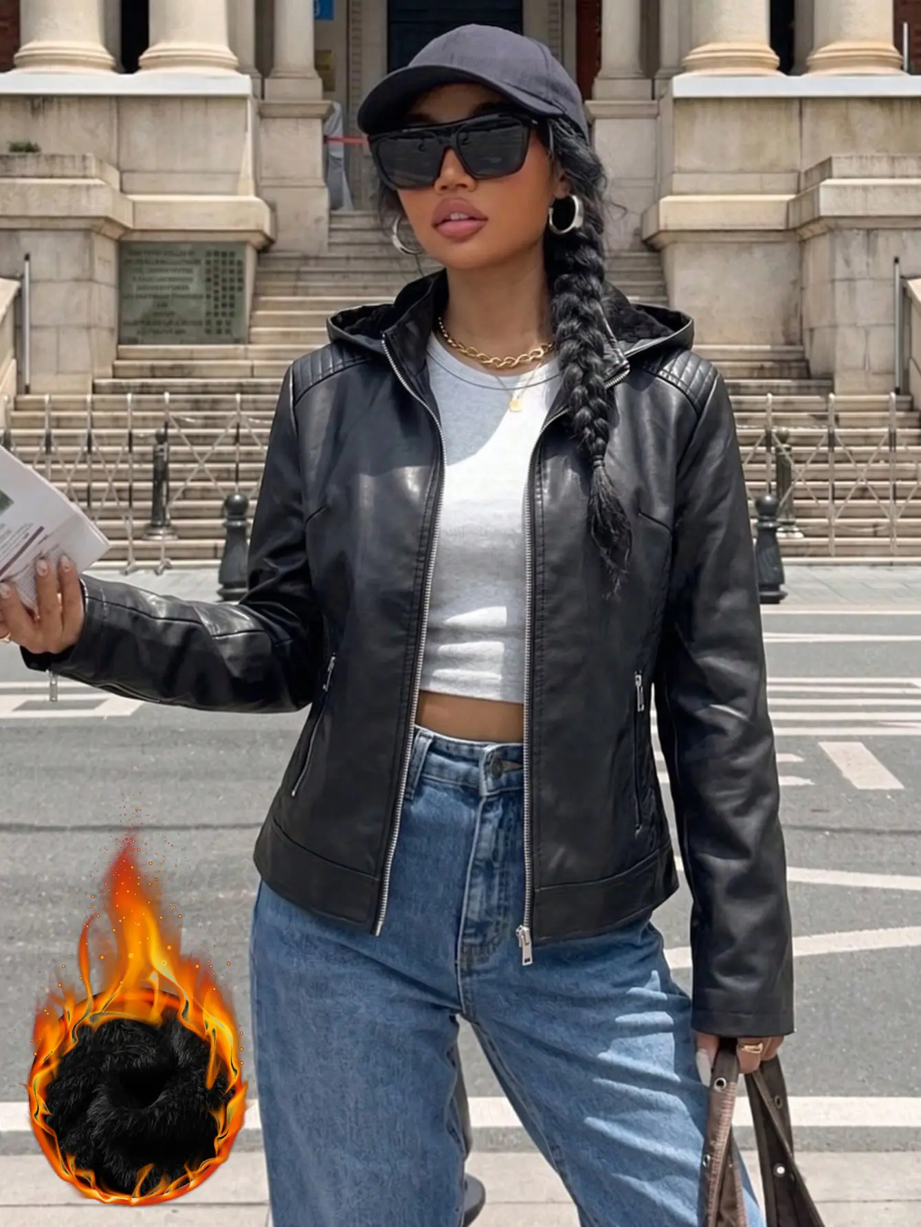 Women's Slim Fit Fleece-Lined Black PU Faux Leather Cycling Jacket with Detachable Hood, Streetwear Jacket for Fall Winter and Camping