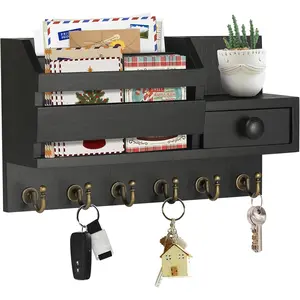 Key Holder for Wall, Wooden Key Mail Holder with Drawer Wall Mount Key Organizer Mail Sorter with 6 Key Hooks Key Rack with Shelf for Entryway Doorway Hallway - Black, Small