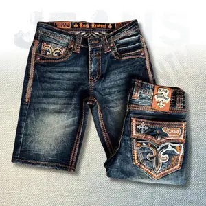 Men’s Vintage Distressed Denim Shorts, Slim Fit with Embroidered Pockets and Bold Stitching, Y2K Style Streetwear Essential, Men’s Jean Fashion