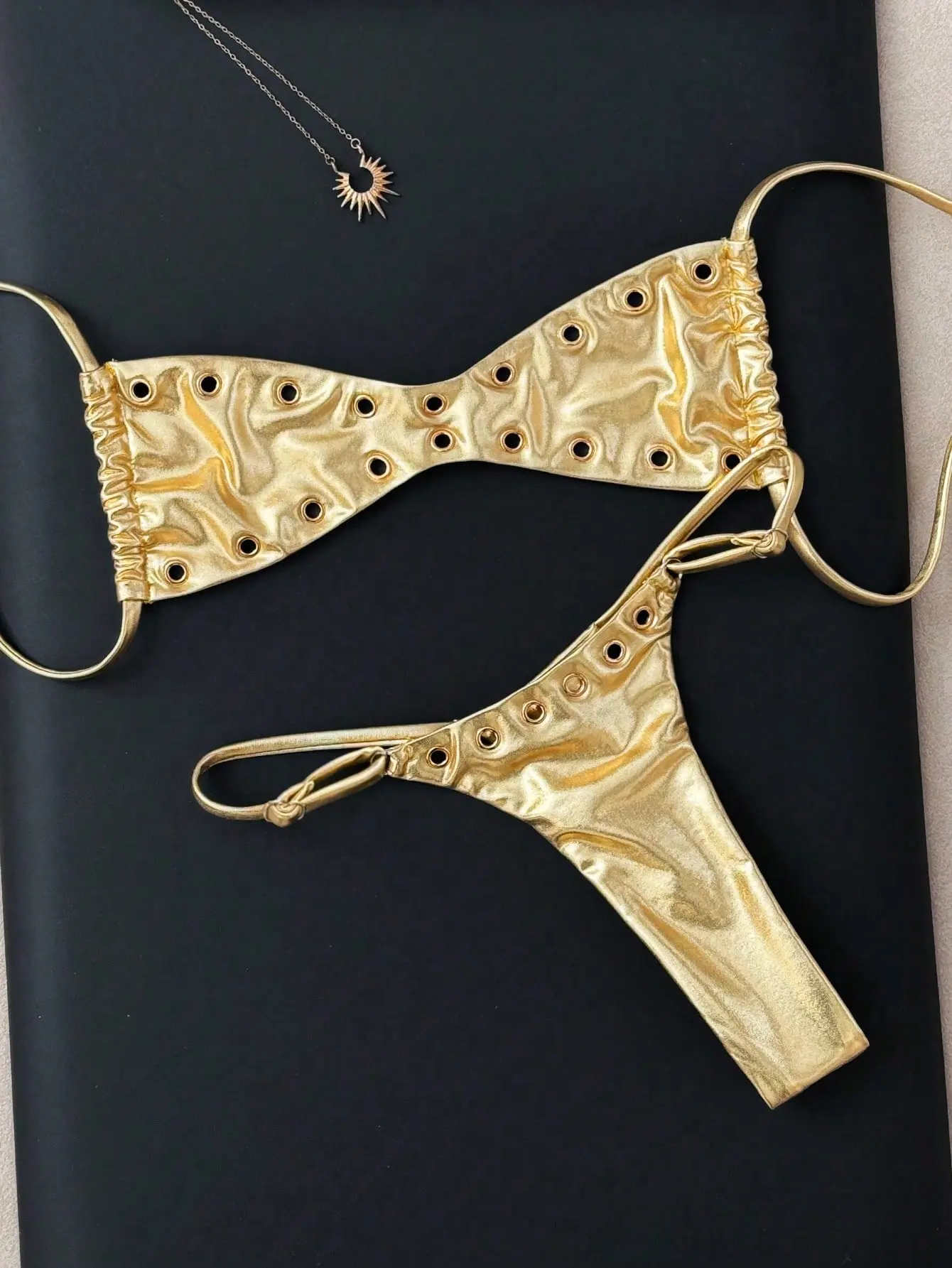 VYNCE Women 2pcs Gold Bandeau Bikini Set Beach Vacation Casual Sexy Swimwear Gold Bathing Suit