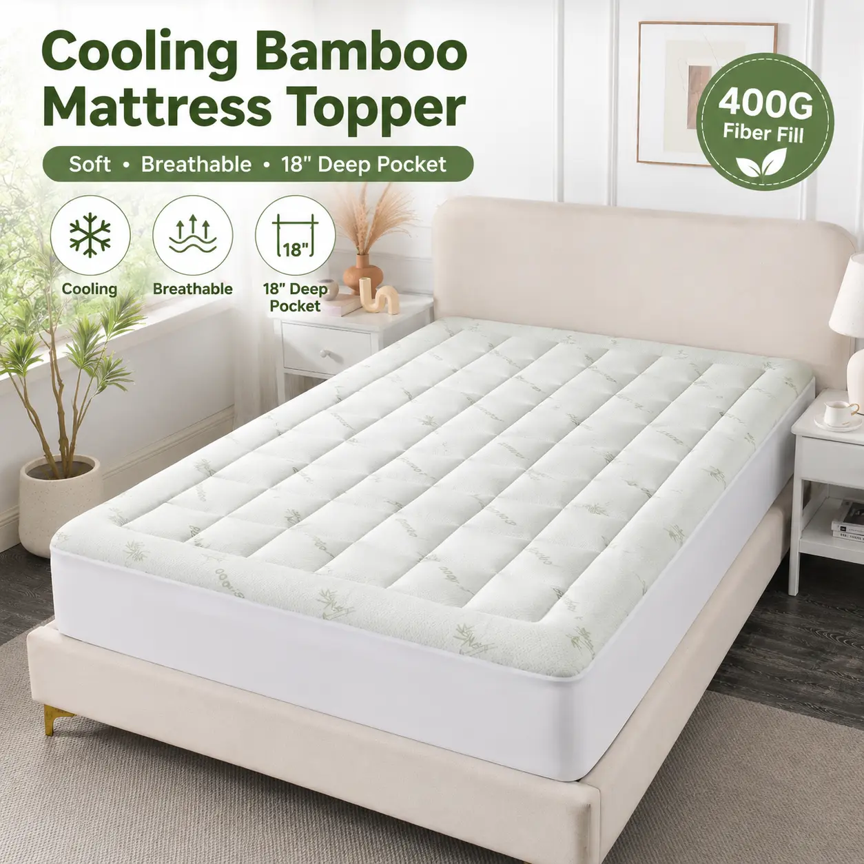 18 Inch Deep Pocket Bamboo Mattress Topper Cooling Breathable Pillow Top for Hot Sleepers