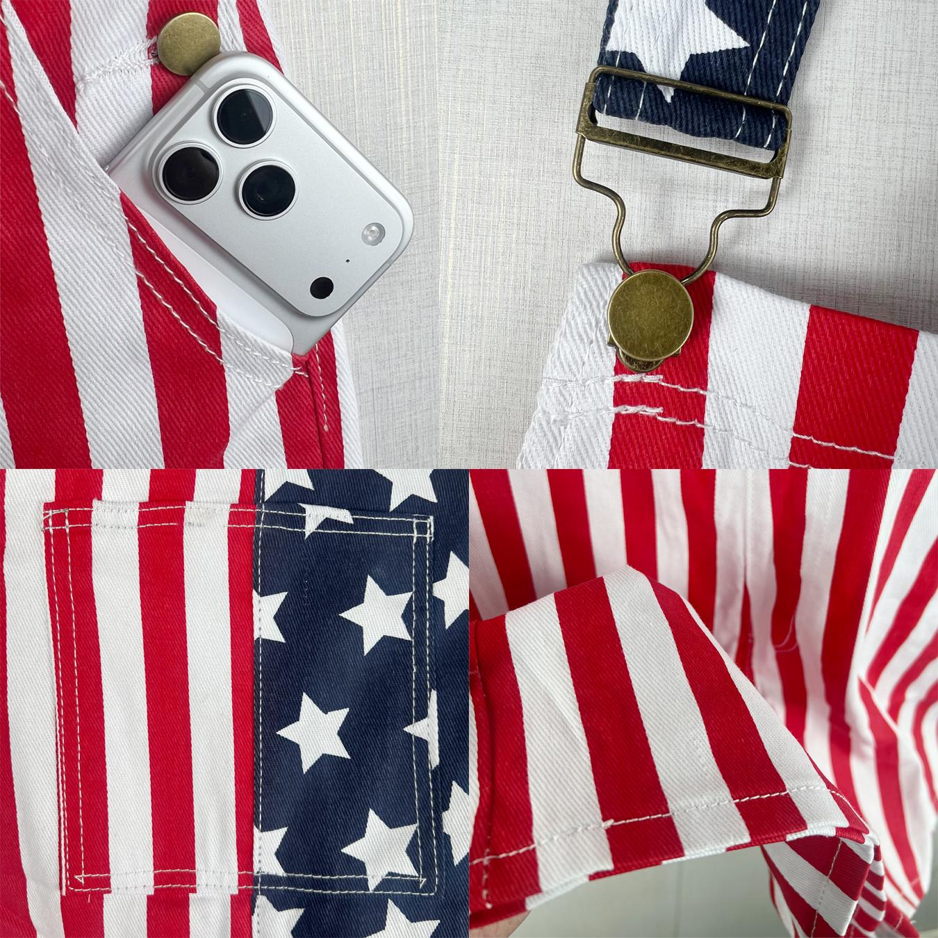 Patriotic American Flag Denim Overall Shorts for Men Women, Soft Flexible Bib Pants with Pockets, Trendy Festival Streetwear Look for Independence Day Fireworks, National Holiday Parades, Backyard BBQ Parties and World Cup Game Night Outfits