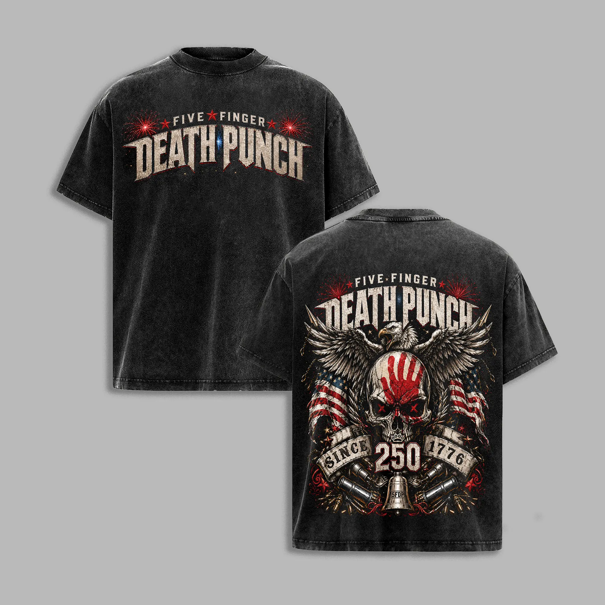 Five Finger Death Punch 250 Years Vintage Washed T-Shirt, FFDP Patriotic Skull Eagle Graphic Tee, Double Sided Heavy Metal Band Shirt, Unisex Rock Fan Gift, FiveFingerDeathPunch, FFDP, 250Years, HeavyMetal, MetalBand