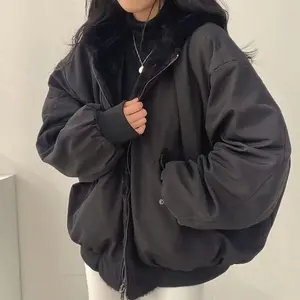 Korean fashion double-sided cotton jacket for women, solid color thick warm cotton coat, winter hooded windproof jacket Tops Baggy Black Casual Womenswear Makapal Long Sleeve Outerwear Basic Minimalist