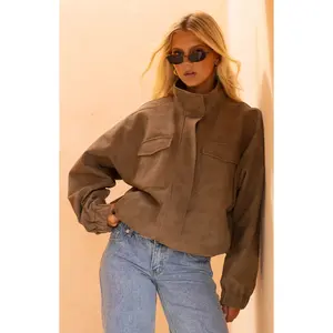 Sapna Brown Oversized Funnel Neck Suedette Jacket