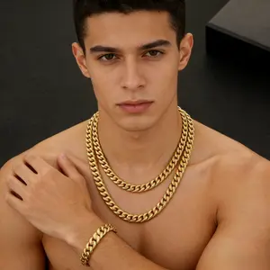 12MM Stainless Steel Cuban Link Chain Men's 22K Gold Plated Non-fading Necklace & Bracelet Personalized Hip-hop Jewelry