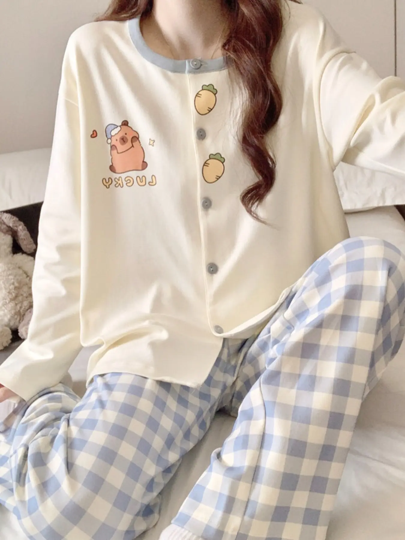 Women's 2-Piece Pajama Set, Sweet Cute Korean Style with Dachshund Print, Ultra-Soft Cotton, Long Sleeve, Lightweight, Spring Fall Loungewear, Pjs