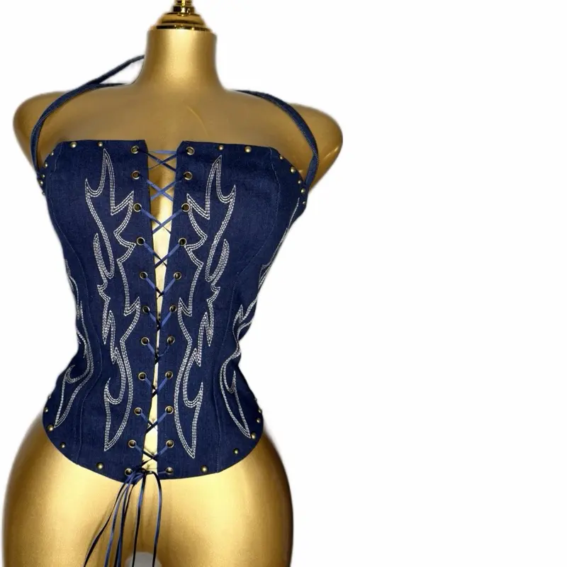 Se Denim Corset with Flame Embroidery and Adjustable Straps for Women