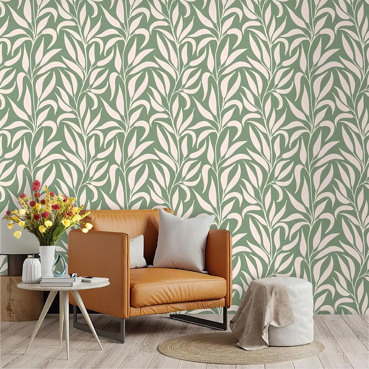 Morandi Willow Leaf Pattern Wallpaper, PVC Adhesive Back, Easy Peel & Stick, Kitchen/living Room/bedroom Decor, Large Area Wall Transformation