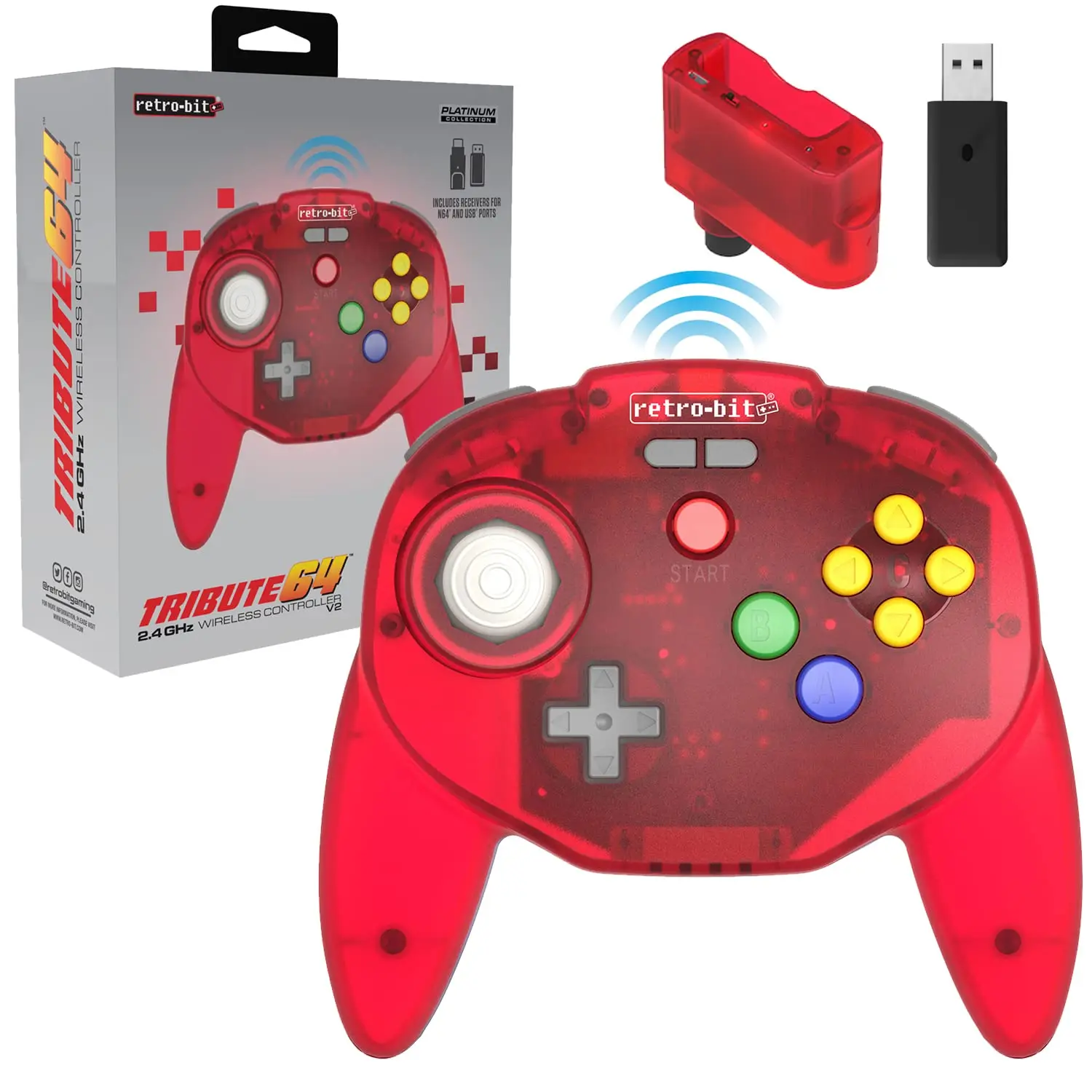 Retro-Bit Tribute 64 Wireless Controller for Nintendo 64, Switch Online, PC, MacOS, RetroPie, Raspberry Pi and Other USB Devices - Clear Red