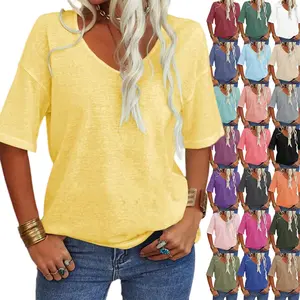 【US Shipping】Women’s Oversized V-Neck T-Shirt – Casual Loose Fit Half Sleeve Solid Color Basic Top