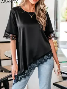 Women's Satin Lace Patchwork Top, Short Sleeve Loose Fit Casual Shirt, Elegant and Comfortable Daily Wear, Perfect for Any Occasion
