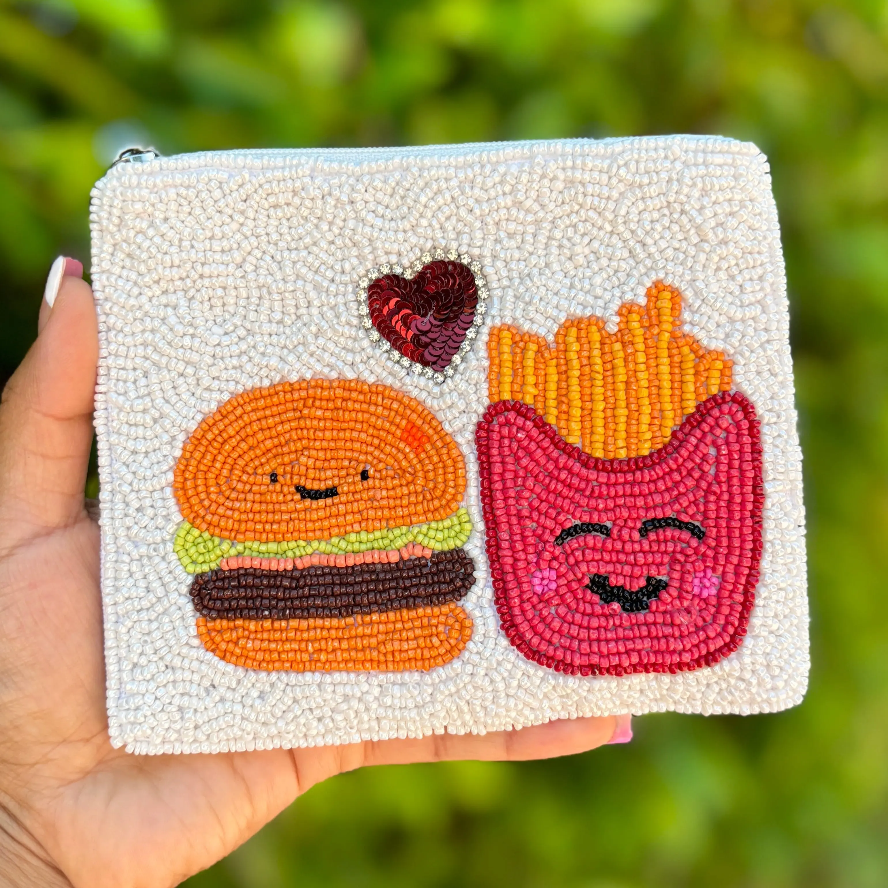 Women's Burger & Fries Themed Beaded Pouch Purse, Beaded Coin Pouches for Daily Use