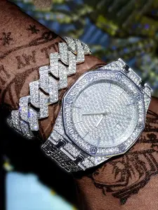2 Piece Set Hip Hop Fashionable Bracelet Cuban Chain with Sparkling Diamond Quartz Wrist Watch, Unisex Gift for Friends, Daily Sport Wear