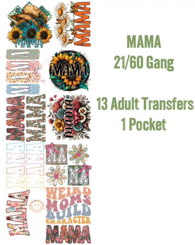 Mama Premade DTF Gang Sheet 21 x 60 - 13 Adult Transfers & 1 Pocket Design for Heat Pressing