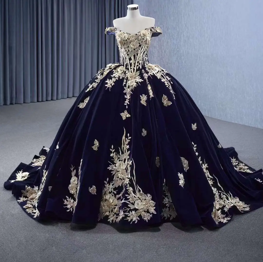 Navy Velvet Quince Ball Gown Dress