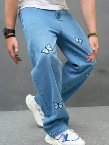 Men's Butterfly Embroidery Straight Leg Jeans, Loose Casual Comfy Denim Pants for Daily Wear, Pants for Men, Fashion Men's Bottoms for All Seasons, Cotton, Menswear, Cute Jeans