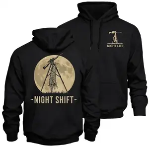 Night Shift Coyote Hunting Hoodie - Night Predator Hunting Graphic with Tripod Thermal Scope and Moonlight Scene Back Print, Outdoor Night Hunting Apparel for Predator Hunters