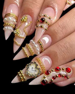 Handmade 3D Vintage Clock Gold Chain Press On Nails, Pearl Nail Art