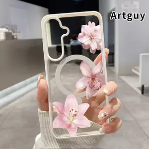 Magnetic  Case Compatible with Samsung Galaxy S24 Plus S25 S23 FE S22 Ultra S22+ Soft Petals Pattern Acrylic Back TPU Edges Shockproof Ultra Thin Mobile Phone Cover Gift for Boy