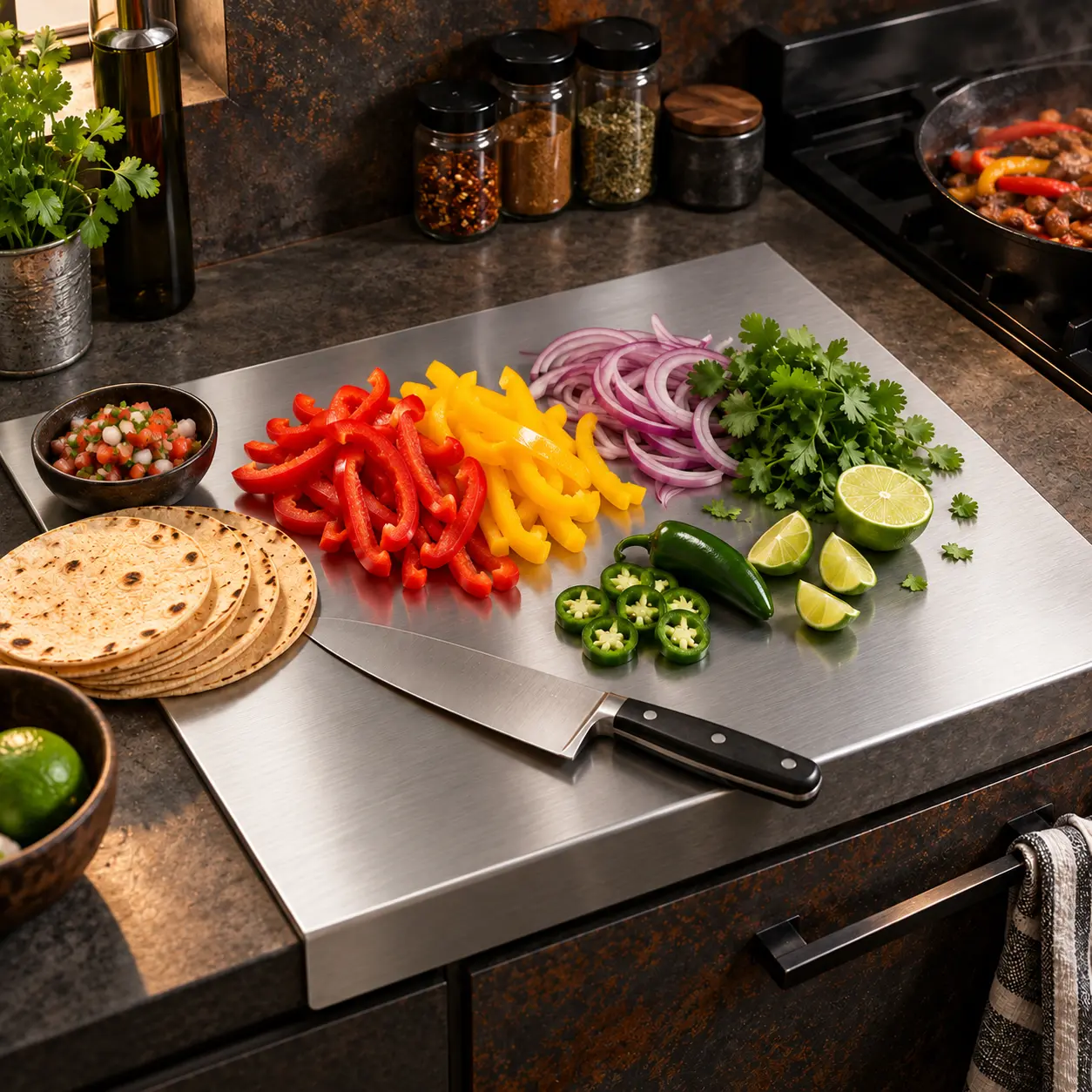 Stainless Steel L-Shaped Chopping Board - Sturdy Thick Brushed Rectangular Kitchen Counter Protector, Mildew-Proof, Hygienic, Easy-to-Clean, Non-Slip Locking Edge Metal Board for Baking