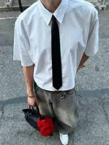 Men's Casual Fitted Short Sleeve Shirt, High Street Trendy Button-Down Tie Neck Top, Loose Fit Graphic Tee for All Seasons Button Down Shirts