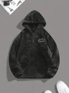 Men's Long-Sleeve Embroidered Plush Fleece Pullover Hoodie - Preppy College-Style Casual Home Menswear Top, Embroidery