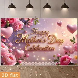2D Flat - 2D Flat - 1pc 2D Flat Mother'S Day Banner | Stunning Elegant Polyester Backdrop with Blooming Pink Roses, Peonies, Cherry Blossoms for Party Decor, Farm, Garden, Club, Home, Room