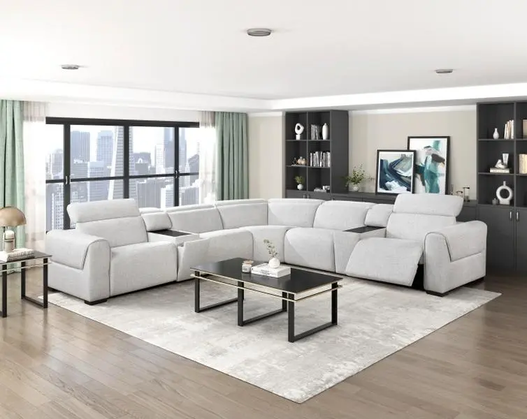 McPherson 9455CLD-7LRRRPWH 7-Pc Cloud Sectional Couch, Modular Power Reclining Upholstered Sectional Sofa Set with Headrest, RAF/LAF Ends & Cup Consoles (Durable Chenille Fabric)