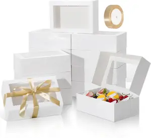 10 count Cookie Boxes with Ribbons, 9x6x3 Inch Bakery Boxes with Window, White  Containers for Pastries,  Covered Strawberries, Dessert, Easter Candy, Muffins, Donuts
