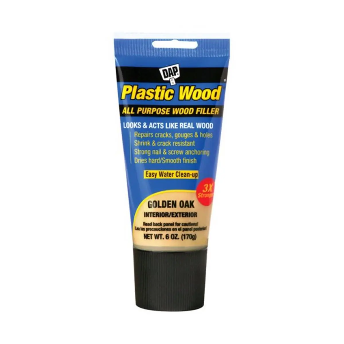 DAP 00582 6oz Plastic Wood All-Purpose Wood Filler - Golden Oak, 0.5 lbs Equivalent, Indoor/Outdoor, 1 Part or 2 Part Formula, 3x Stronger, Shrink-Proof Tube Pack for Hole Repairs (Car Washing & Maintenance Paint Care Use), Stainable And Paintable, 6 Oz