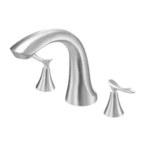 Roman Tub Faucet With Gooseneck Design, Waterfall Bath Tub Faucet, 3-Hole Deck Mount Fixtures Set With Two Handles, Brushed Stainless Steel Finish, Compatible For Pet Washing And Adult Bathing
