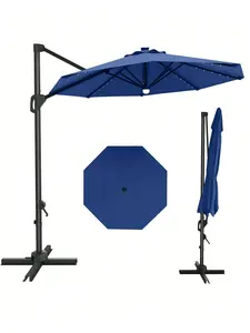 【Christmas Gift】Navy blue- 10FT Outdoor Patio Umbrella Solar LED Large Cantilever W/Base Included Market Sun Shade Windproof Offset With 360-Degree Rotation For Garden Deck Pool Patio