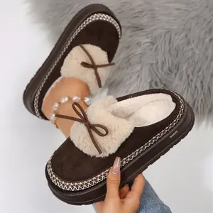Women's Suede Fleece Slippers with Fluffy Bow - Comfortable Thick-Soled Shoes for Indoor & Outdoor Use‌ Winter Warm Mini Snow Boots