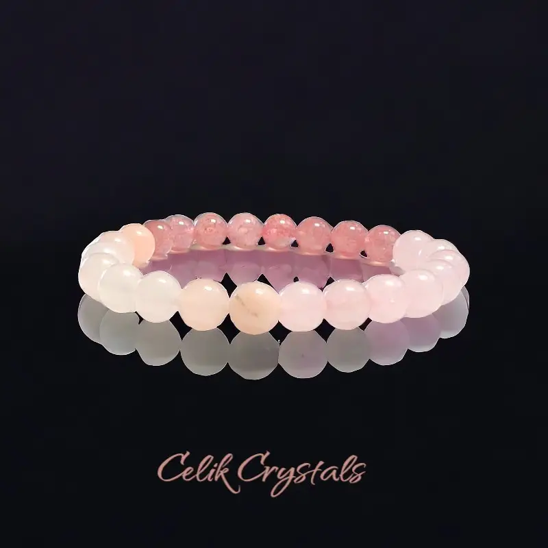 Rose Quartz Bracelet Natural Stones 8mm Stretches Healing Bracelet. Strawberry Quartz and Aventurine beads included