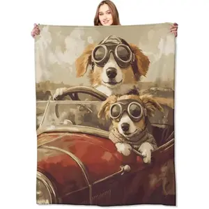 Vintage Corgi Road Trip Blanket Dogs in Goggles Riding Classic Car Throw Blankets,Birthday Gifts for Kids Adult & Retro Lovers,Lightweight Soft Fleece,for Sofa Couch Bed Room Decor 50x60in