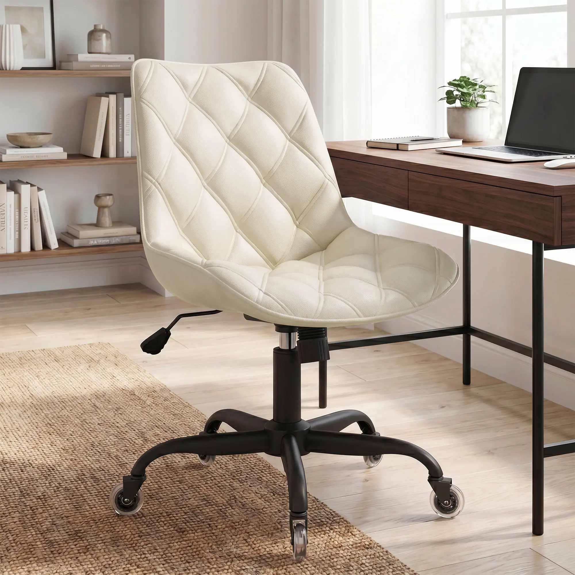 Armless Office Chair, Mid Back Modern Desk Chair with Rubber Wheels, 360 Swivel PU Leather Office Chair No Arms, Adjustable Height Small Computer Chair, Armless Desk Chair for Office
