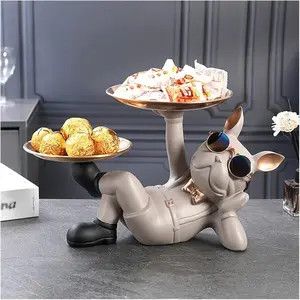 Cool Resin French Bulldog Statue with 2 Trays & Cute Glasses, Animal Sculpture Storage Tray for Key Snack Perfume Holder, Home Desktop Ornament Decor for Anniversary Thanksgiving Christmas Birthday Gifts