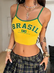 Women's Sexy Brazil Flag Print Crop Sling For Gym, Sports Events And Brazilian Carnival Parties Gymwear