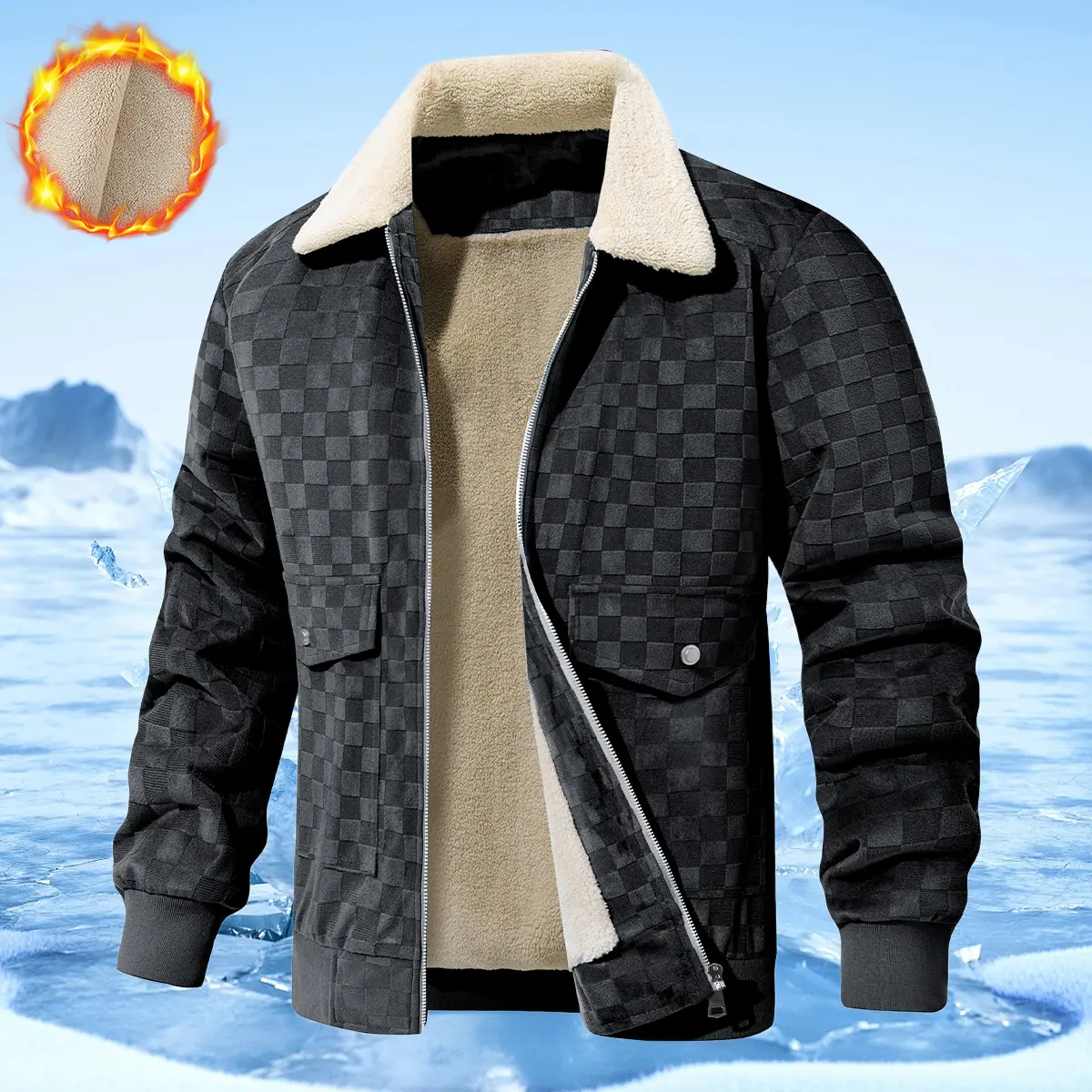 JOGWAVE Men’s Winter Workwear Jacket - Basic Casual Tops, Full Zip, Safety Flaps Pockets, Ribbed Cuffs & Hem, Polyester Textured Fabric, Fleece Lined for Warmth, Cold-Weather Outerwear for Road Trips