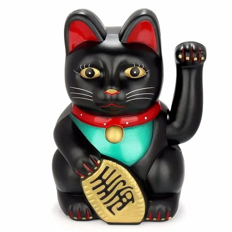 5 in Feng Shui Beckoning Cat, White and Black Plastic Ornament with Gold Accents, Good Luck Wealth Fortune Waving Kitty for Room Decor, Spiritual Gift