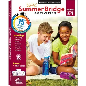 Summer Bridge Activities 6th to 7th Grade Math, Reading, Writing, Science, Social Studies, Fitness Workbooks with Flash Cards