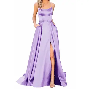 Women’s Sexy Light Purple Prom Dress, Elegant Backless Long Satin Dress with Spaghetti Straps and Side Slit for Wedding Evening Party