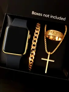 Men's LED Electronic Exquisite Watch Set, Square Gold Analog Dial, Plastic Case, Holiday Style, Perfect Gift for Boyfriend