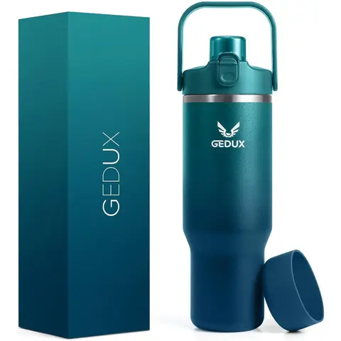 GEDUX 32 oz Stainless Steel Leak-Proof Vacuum Insulated Tumbler with Handle, 2-in-1 Lid, Straw, Anti-Scalding Silicone Components, Portable Insulated Tumbler, Easy-Grip Kitchen Drinkware (500-1000 ml Vacuum Flask)