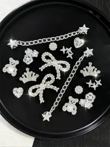 16 Piece Shoe Accessories DIY Rhinestone Bear Bow Christmas Snowflake Garden Sandal Decoration Chain, Rhinestone Shoes Charms, Perfect Holiday Gift