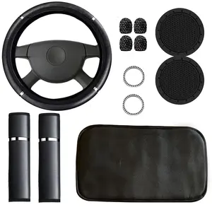 12-Piece Car Interior Accessories Set: PU Leather Steering Wheel Cover, Seat Belt Shoulder Pads, Armrest Pads, Cup Pads, Starter Ring, Tire Valve Caps, General Purpose Car Interior Accessories, Car Interior Decoration
