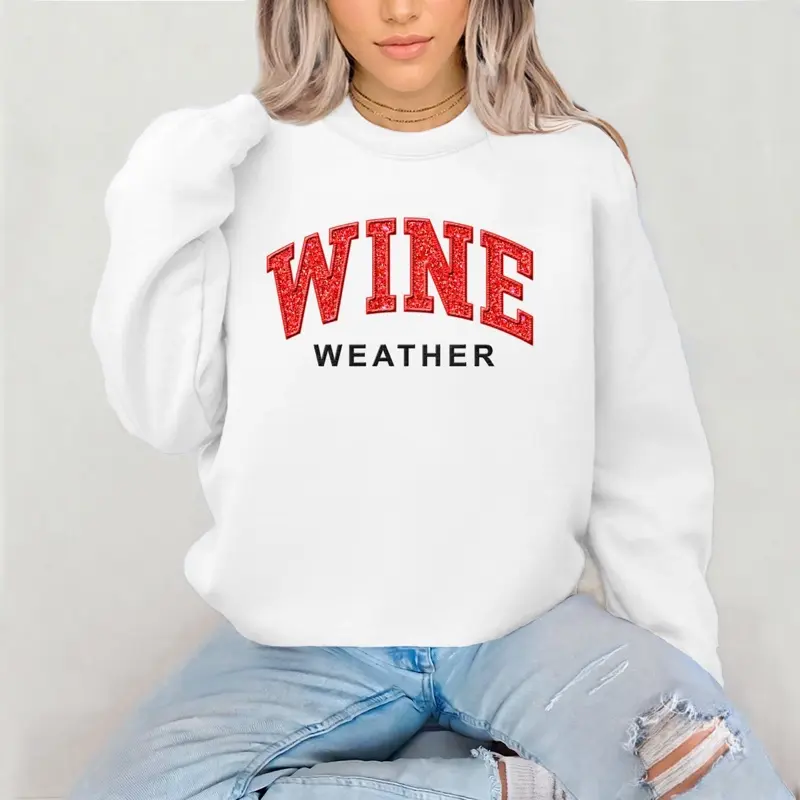 Wine Weather Embroidery with Appliqué sweatshirt womenswear hand made love crewneck Sweatshirt fashion Sweatshirts Casual Long Sleeve Tops Pullover Embroidered Everyday Style Unisex Fit  White Fun